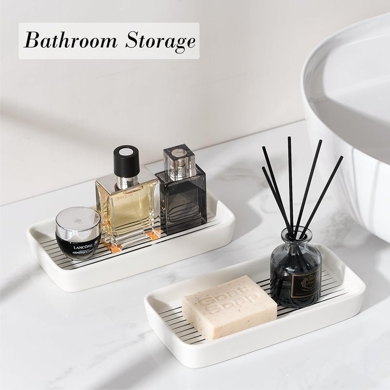 Pottify Bathroom Vanity Tray for Countertop,2PC Rectangle Striped Tray,Decorative Bathroom Organizer for Scrubber, Lotion Bottles, Perfume, Jewelry, Candle, Key Trinket Ring(Small,White) - Image 4